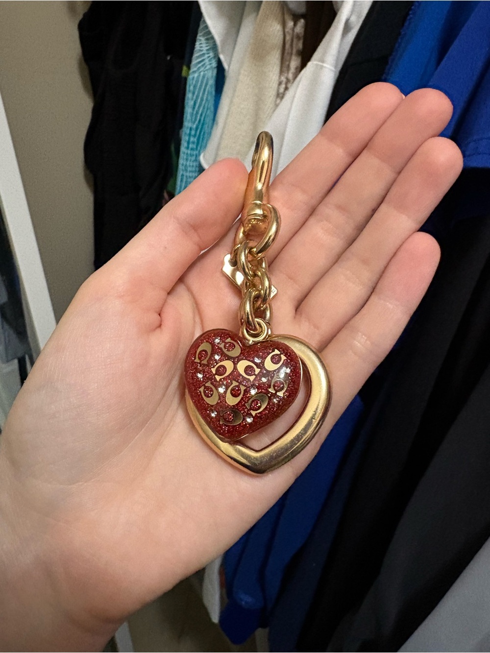 Coach Gold-Tone Heart Keychain Charm with Red Glitter Heart